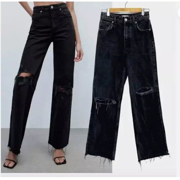 ZARA Black Denim High Rise Ripped Distressed Knee Raw Hem sz 6 - Picture 1 of 10
